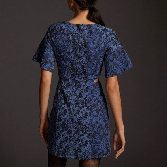 Anthropologie Jacquard Blue & Black Cut-Out Mini Dress NWT Size 10 - Picture 3 of 14